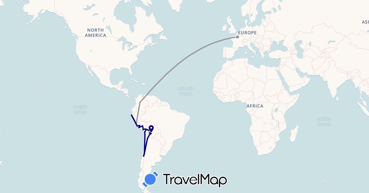 TravelMap itinerary: driving, plane in Bolivia, Chile, France, Peru (Europe, South America)
